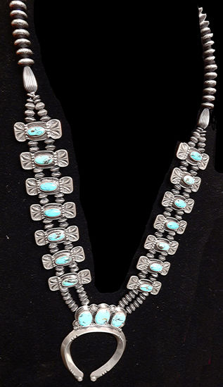Navajo Silver and Turquoise Squash Blossom Necklace 1